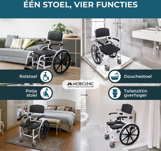 Vier functies: rolstoel, douchezitje, potjestoel, toiletzitting verhoger. Zwart en wit.