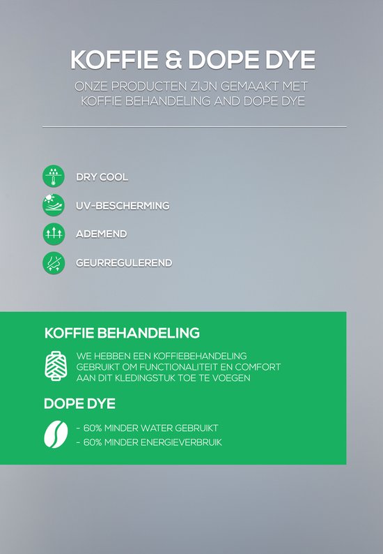 Informatie over koffiebehandeling en dope dye voor sportkleding: dry-cool, UV-bescherming, ademend, geurregulerend.