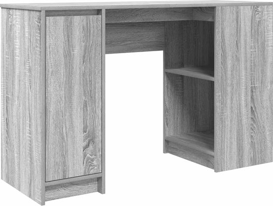 Bureau in grijs sonoma houtnerf, met een gesloten kast aan de linkerkant en een open kast aan de rechterkant.