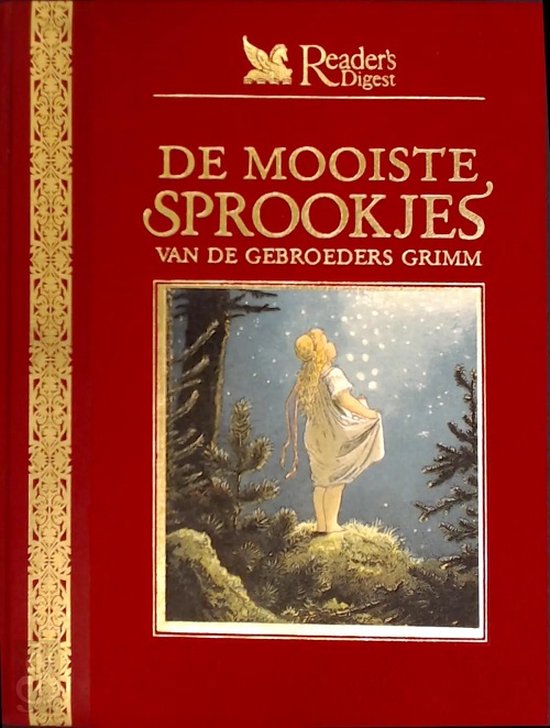 Les plus beaux contes des frères Grimm. Couverture rouge avec des ornements dorés et une illustration d'une fille regardant les étoiles.
