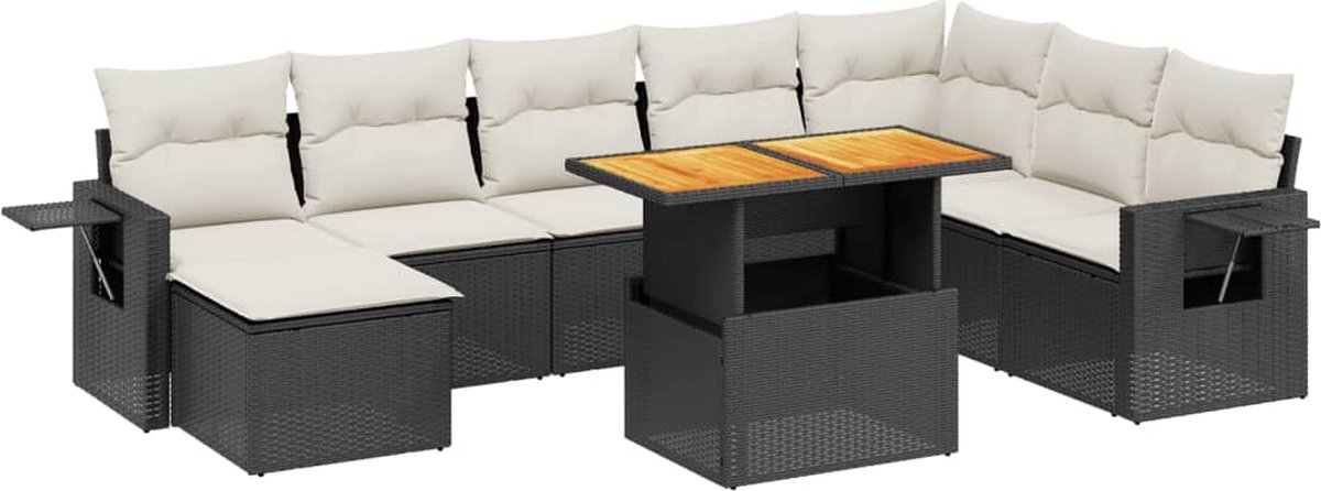 The Living Store 9-delige Loungeset met kussens poly rattan zwart - Loungeset - Tuinset - Lounge Set - Buitendecoratie - Outdoor Furniture