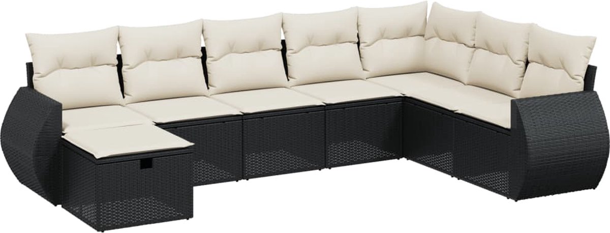 Zwarte poly rattan loungeset met kussens voor buiten - The Living Store