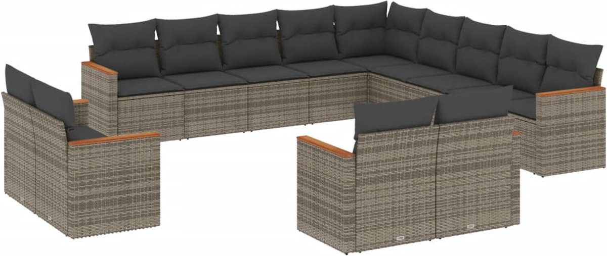The Living Store 13-delige Loungeset met kussens poly rattan grijs - Loungeset - Tuinset - Lounge - Outdoor Furniture - Tuinmeubels