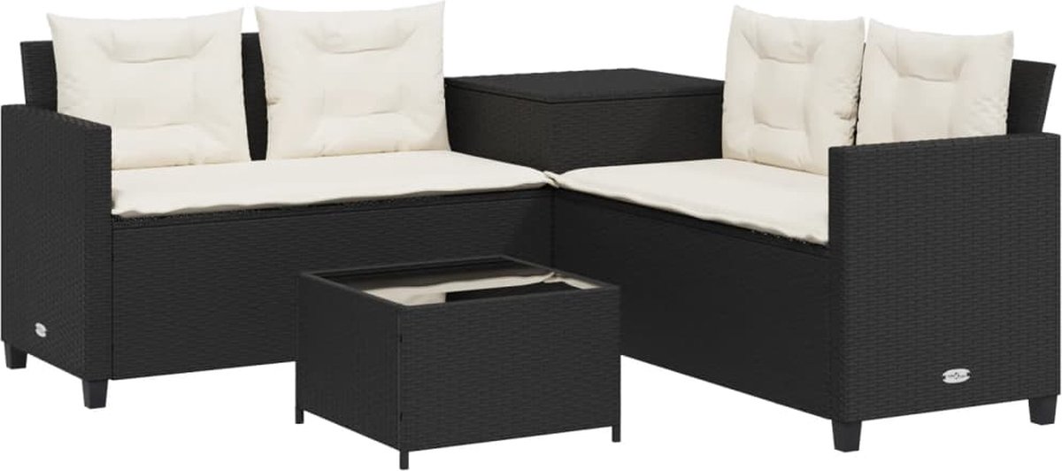 The Living Store Tuinbank met tafel en kussens L-vormig poly rattan zwart - Tuinbank - Buitenbank - Lounge Set - PE Rattan - Zwarte Tuinbank