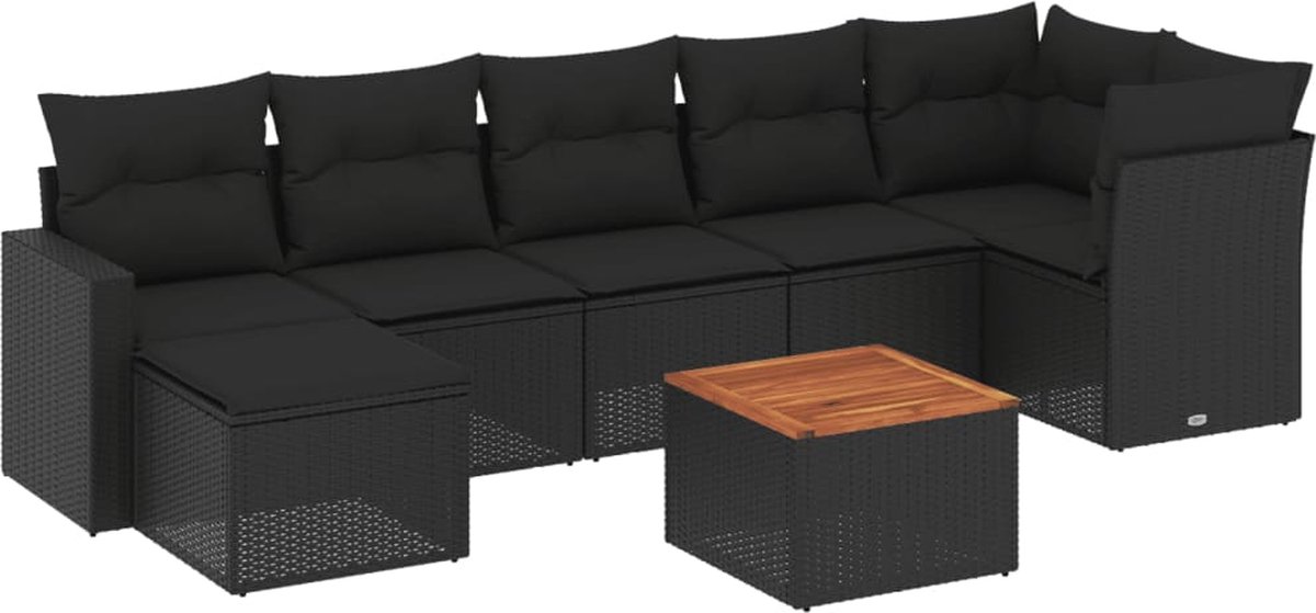 Zwarte poly rattan loungeset met kussens voor tuin - The Living Store.
