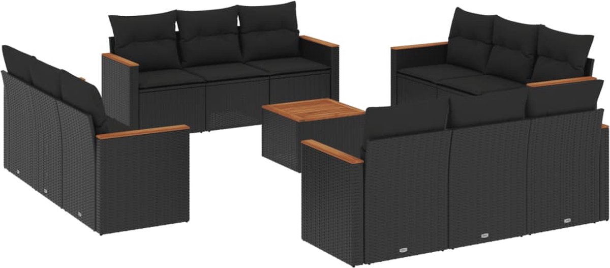 The Living Store 13-delige Loungeset met kussens poly rattan zwart - Loungeset - Lounge Set - Tuinlounge - Buitentijnen - Tuinmeubels
