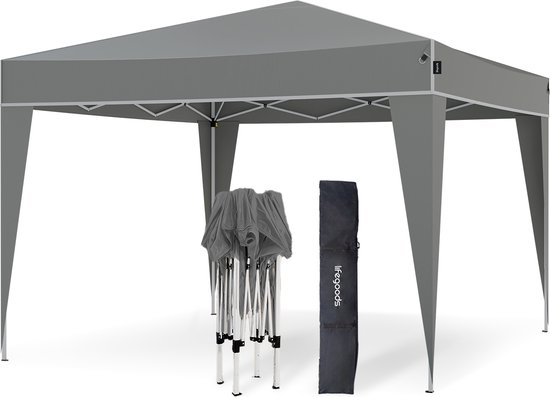 Grijze partytent 3x3m met een opgevouwen frame en draagtas ernaast, op witte achtergrond.