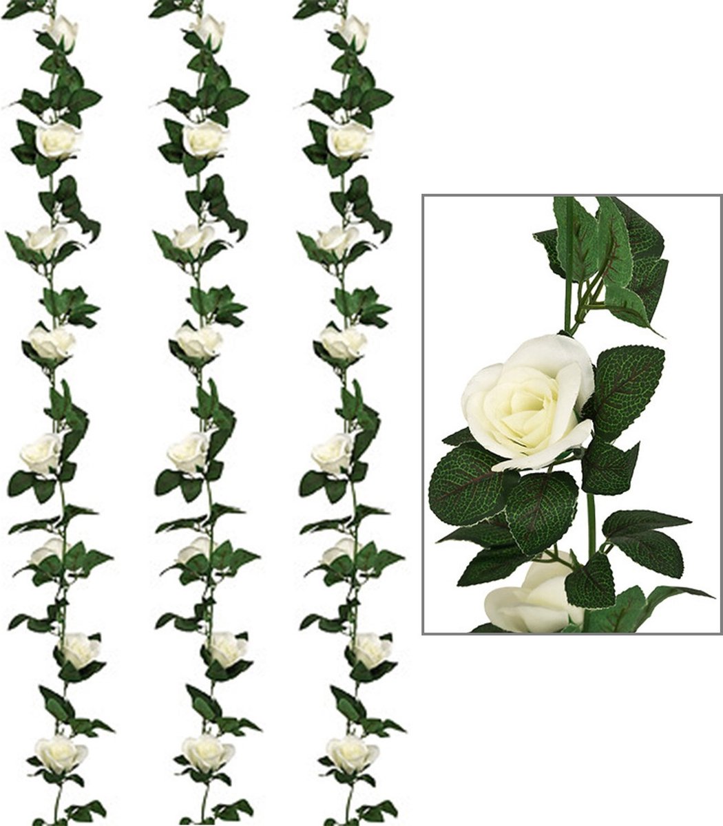 Atmosphera Kunstbloemen slinger rozen - 3x - 230 cm - wit - decoratie - versiering - bruiloft