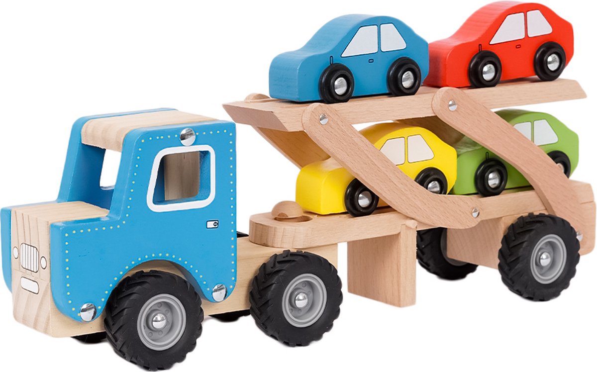 Speelgoedtopdeals - Houten Vrachtwagen voor Autotransport inclusief Auto’s - Blauw