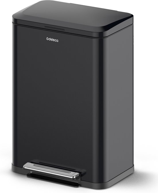 Prullenbak Deleca Prestige - 50 Litres - Large - Avec Pédale et Fermeture Lente - Acier Inox Zwart Mat
