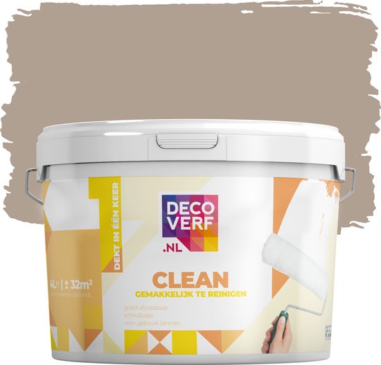 Blik Decoverf.nl Clean muurverf kaki bruin, 4L. Met roller en tekst "DEKT IN ÉÉN KEER".