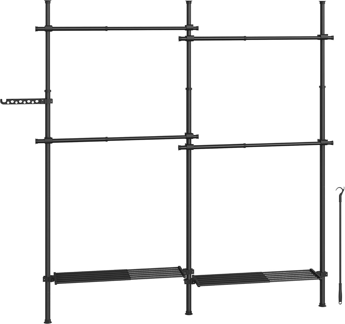 Songmics Kledingrek aan het plafond 3-traps garderobe in hoogte en breedte verstelbaar open kledingkast met afneembare planken garderobe grijparm matzwart