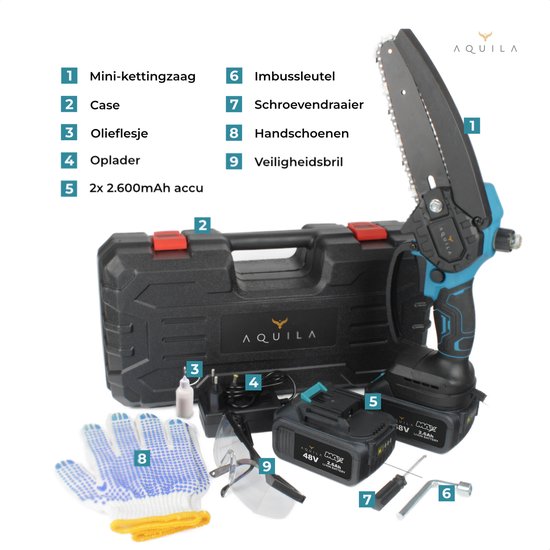 Aquila 48V Mini Kettingzaag & Takkenzaag met Accu - 6 Inch Elektrische Snoeizaag - 650W Borstelloze Handkettingzaag & Boomzaag - Kettingzaag Elektrisch met 2600 mAh Accu's - Alternatief Benzine Houtzaag