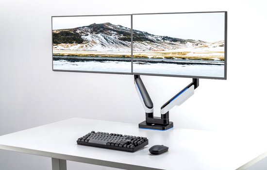 Dubbele Monitor Arm RBG Kleuren | LED Gaming | Met Gasveer en Makkelijke Bevestiging