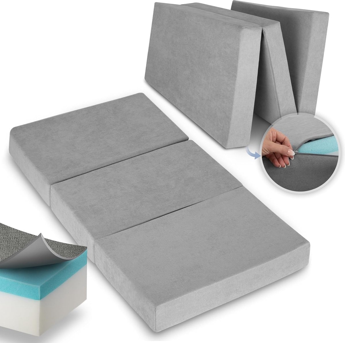 Beautissu VS95 – Premium Opvouwbaar Matras XXL 120x200cm – Extra Dik 14cm Traagschuim Vouwmatras H3 – Wasbar – Eenvoudig Transport – Grijs