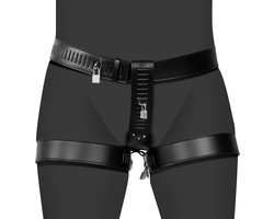 PU Leather Female Chastity Belt with Leg Restraint - Black