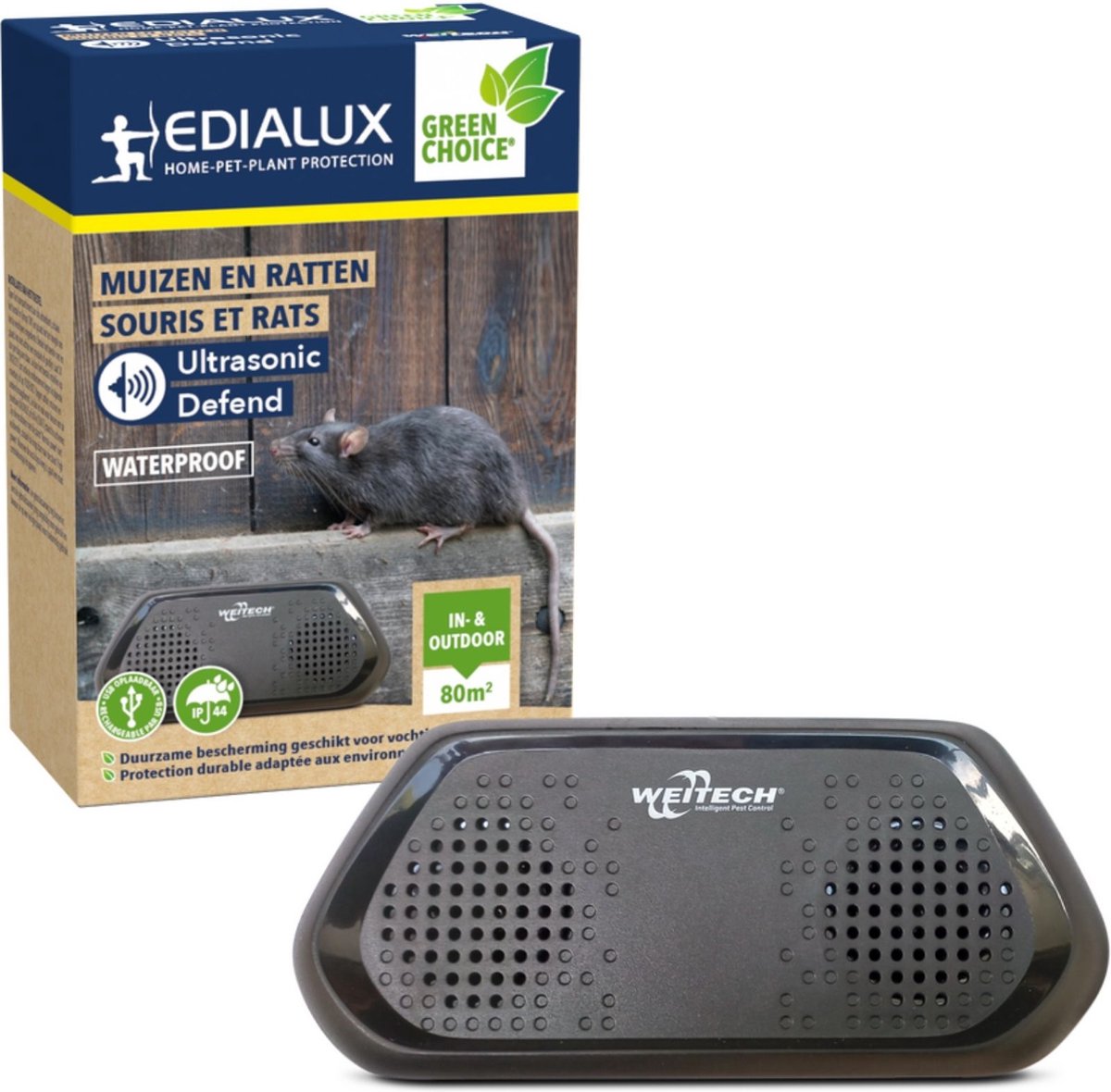 Edialux Ultrasonic Defend ultrasone muizenverjager rattenverjager, knaagdieren afschrikker, ultrasoon geluid, waterdicht ip44, usb herlaadbaar, binnen en buiten, tuin, schuur, kelder, 15-24 dagen autonomie, 80m² bereik