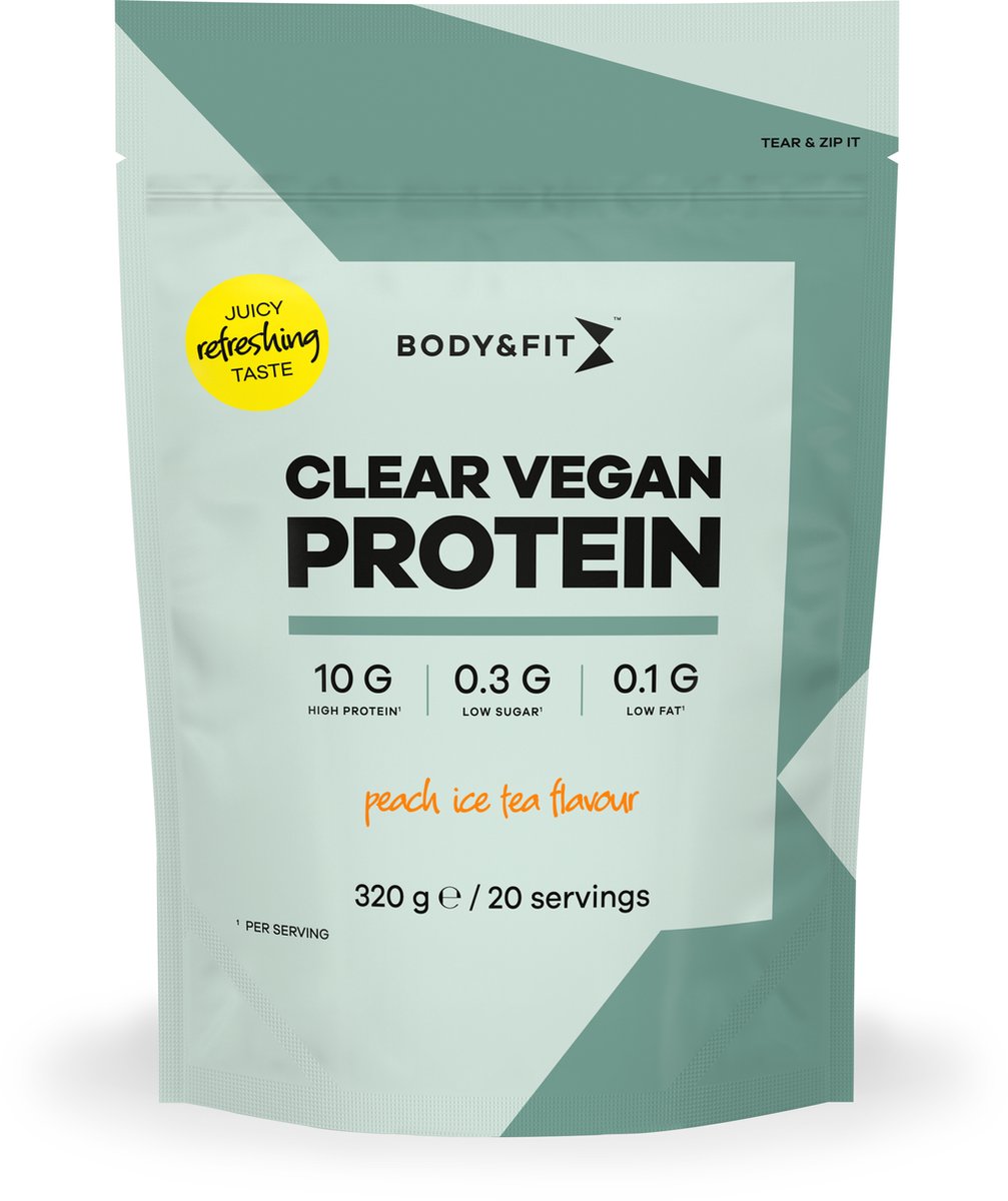 Goedkoopste Body & Fit Juicy Vegan Protein - Clear Whey - Plantaardig Eiwitpoeder / Proteine Poeder - Eiwit Limonade - Perzik Ice Tea - 320 gram (20 shakes