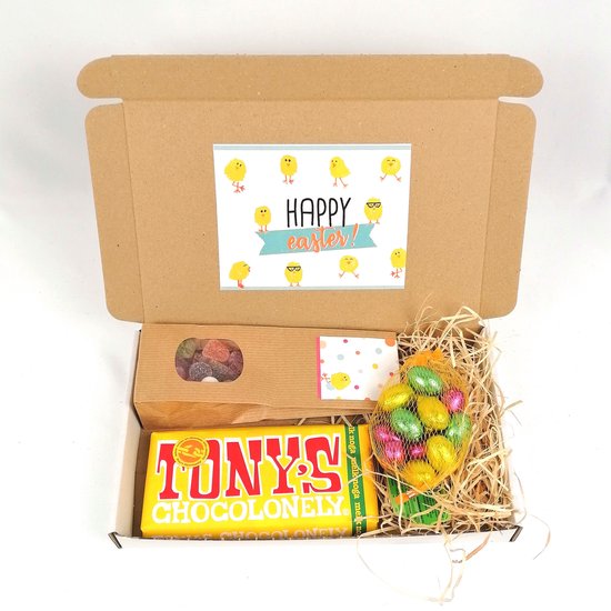 Chocolade Paasgeschenk door de brievenbus - Happy Easter - Tony chocolonely - Chocolade Paaseitjes - Kraft zakje tum tum