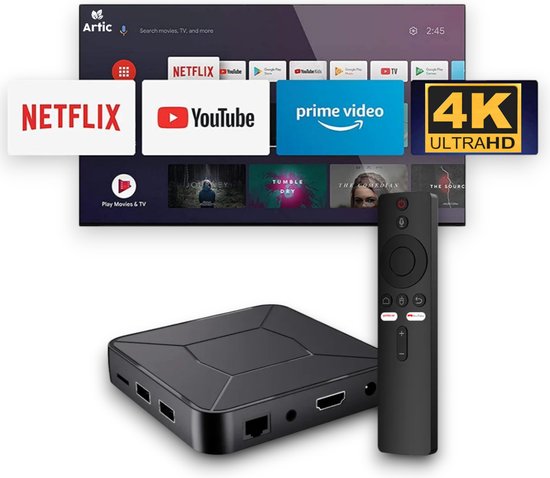 Artic Z8 Streaming Box – 4K Ultra HD – 1080p – Incl. Wifi & Bluetooth – 8 GB – Chromecast Voor TV – Android TV Box – Incl. Google Assistant – Media Streamer – Draadloze Adapter – TV Streamer – Zwart