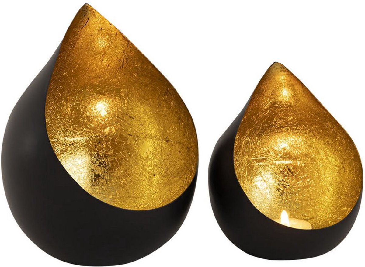 Oriëntaalse metalen theelichthouder Lexy Goud - Set 2 stuks - Tafel Decoratie - Metaal - Zwart / Goud