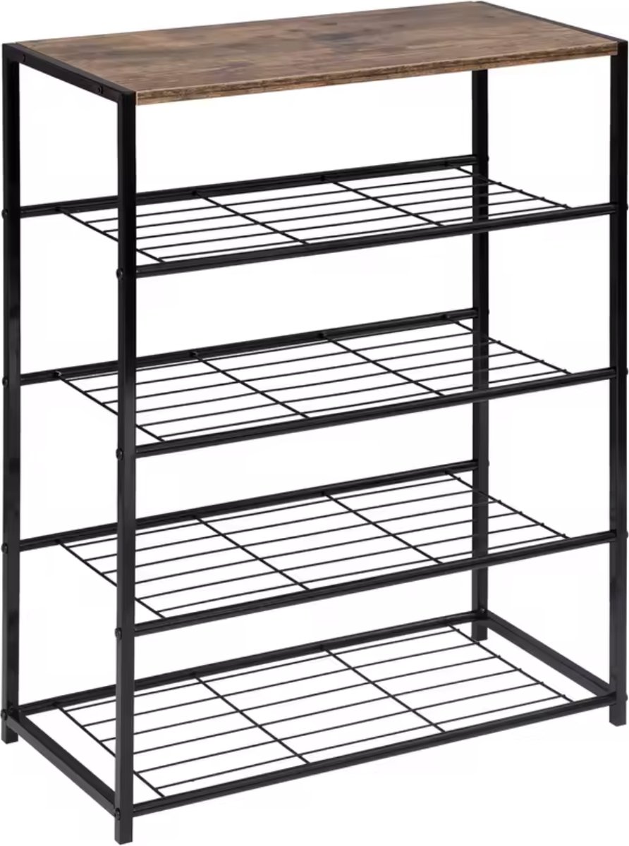 J&R Schoenen rek - Keukenrek - Opbergkast - 4 ijzeren rekken - 1 plank - Metaal - Hout