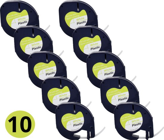 10 x Dymo Compatible Letratag Navulling Label tape 91201 - Plastic - Zwart op wit - 12 mm x 4 m - Zelfklevend - Multifunctioneel - Label tape cassette voor Dymo LetraTag Labelprinter