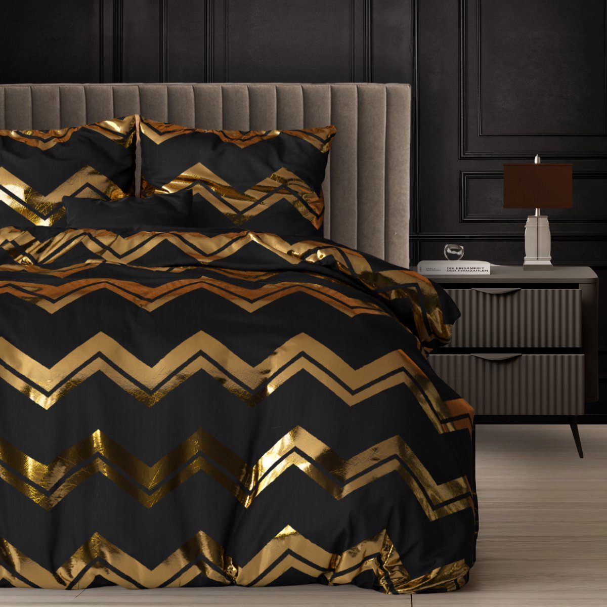 Y-not® Glamour Dekbedovertrek - Wave Luxe - Microvezel - Dekbedovertrek - Lits-Jumeaux - 240x200/220 - Goud Zwart - Art Deco - Wasbaar - incl 2 kussenslopen