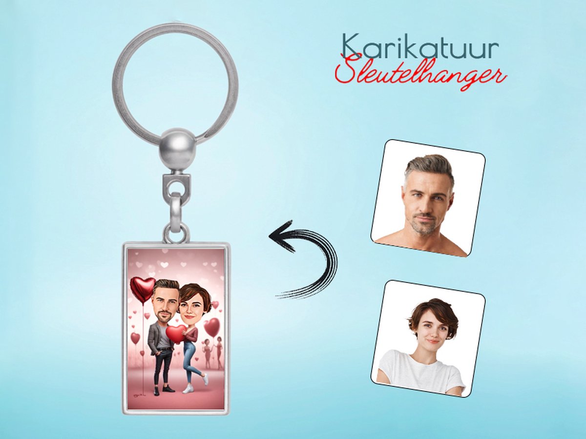 Romantisch Stel met Hartballonnen - Gepersonaliseerde Karikatuur Sleutelhanger - Gepersonaliseerd Cadeau - Met Jouw Foto - Verjaardag - Kerst - Valentijn - Uniek en Handgemaakt - Cadeau - Huwelijk - Moederdag - Vaderdag - Jubileum - Liefdevol Cadeau