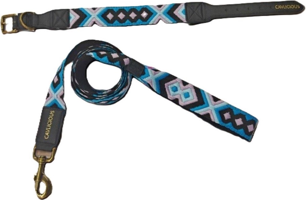 Cavlicious® honden halsband met riem - veganleder - windhonden - blauw - L