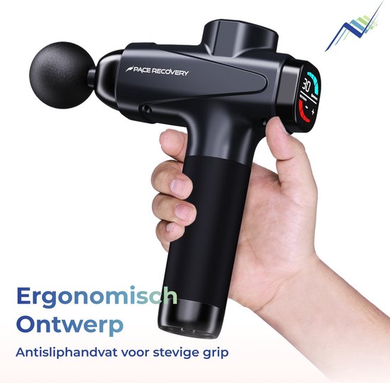 Hand houdt een zwarte massage gun vast. Tekst: 'Ergonomisch Ontwerp. Antisliphandvat voor stevige grip'.