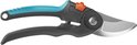 Snoeischaar met zwarte en turquoise handvatten, zilveren mes, en een veer.