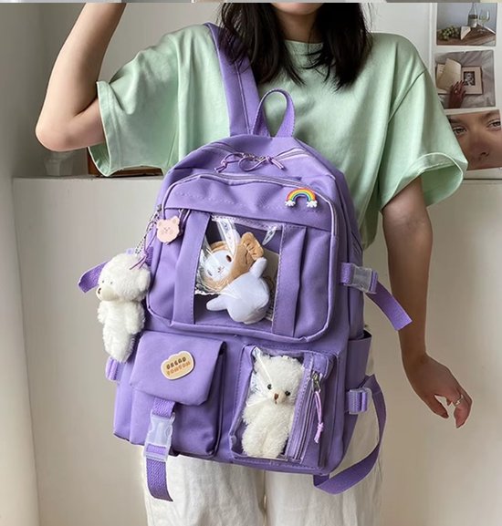 Wakiki - Altijd Handig! - Kawaii - schooltas meisje - rugzak meisje - met knuffel en leuke pinnen - rugtas - paars