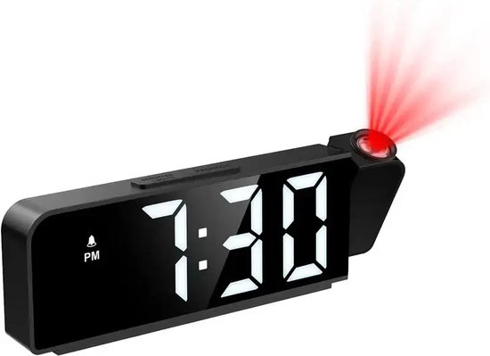 GOMETY Wekker met projectie, spiegelwekker met temperatuurweergave en groot led-display, 180 graden draaibaar, USB-voeding, digitale wekker met plafondprojectie, slaapkamer, zwart