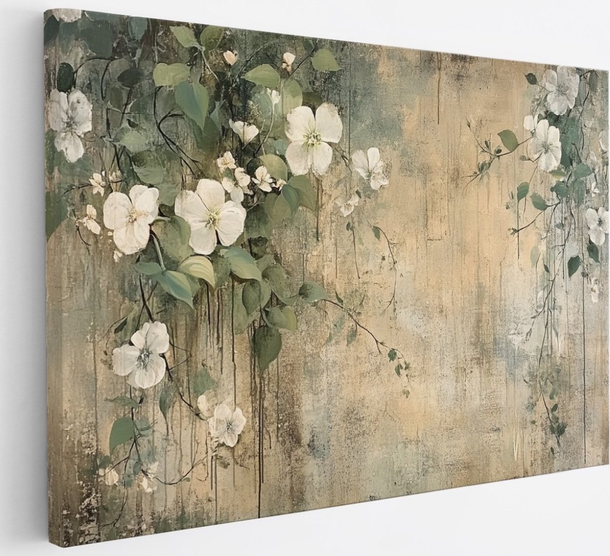 Saammp Canvas Schilderij - Vintage - Natuur -Witte Bloemen - 30x20 - Foto op canvas - Wanddecoratie - Muurdecoratie Woonkamer - Kantoor Decoratie Multicolor