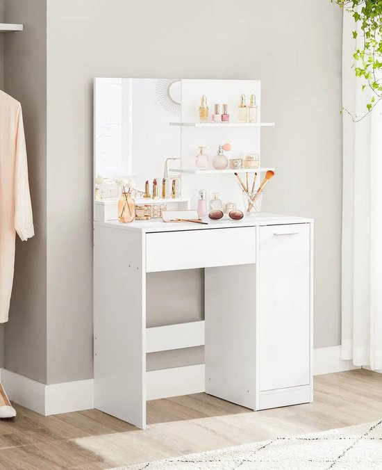 Cosas Buenas - Vasagle Kaptafel - Make-up tafel - Met Spiegel - Opbergvak - 2 Planken - Wit - Cosmetica - Vrouwen - Tieners - Slaapkamer - Spiegel - Opberg - Schoonheid - Comfort