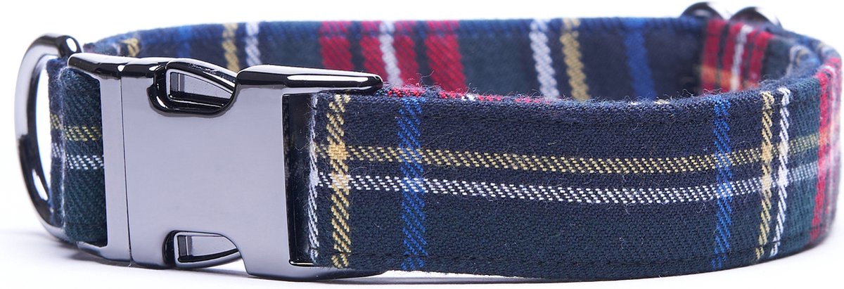Awesome Paws halsband hond - Honden Halsband plaid patroon - hondenhalsband schotse ruit - Handgemaakt in Nederland | Navy Blauw - Maat S