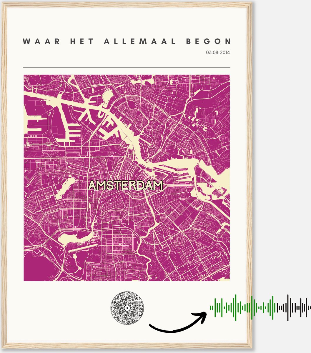 Gepersonaliseerde Stadskaart Poster – Plattegrond van Jouw Speciale Plaats met Datum & Favoriete muziek | QR Code | 50 x 70 cm Premium Papier | Citymap Pink | Unieke Kunst & Blijvende Herinnering
