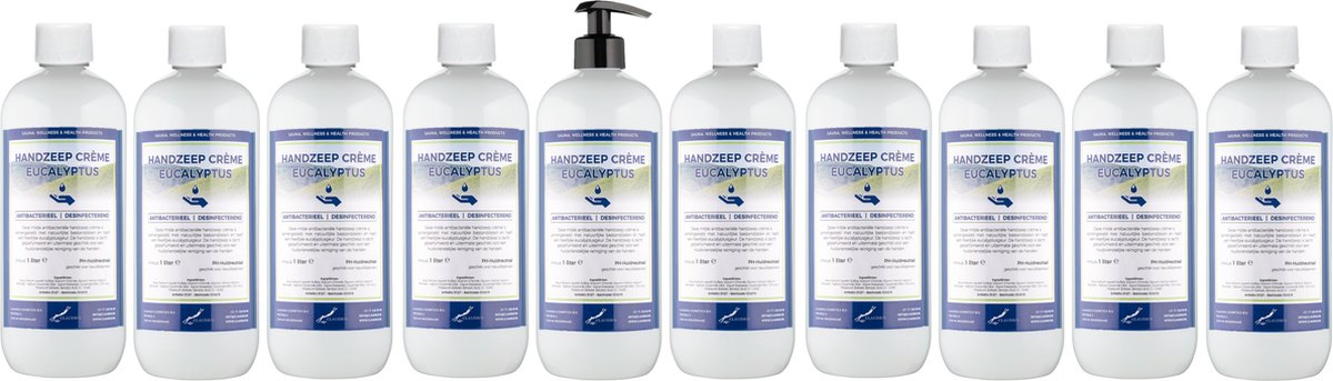 Goedkoopste Handzeep Crème Eucalyptus 1 liter - met gratis pomp - set van 10 stuks - Voordeelverpakking