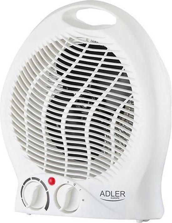 Witte Adler thermo ventilator met handvat, twee draaiknoppen en indicatorlampje.