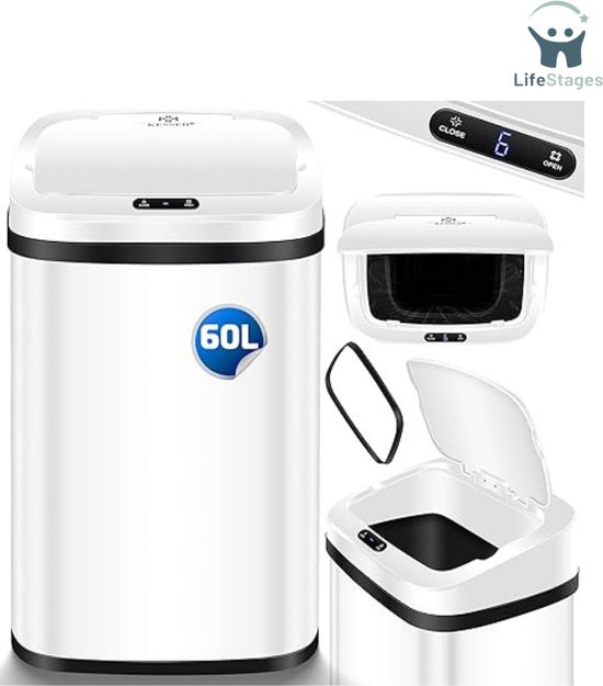 SVITA SE50L Sensorvuilnisbak, afvalemmer, keukenemmer, automatisch, rechthoekig met bewegingssensor, roestvrij staal, 50 liter vrijstaand, automatisch, zilver