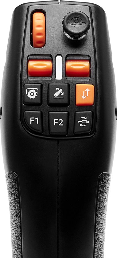 Close-up van de bovenkant van een zwarte Thrustmaster SimTask Farmstick met oranje knoppen.