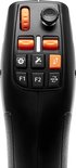 Close-up van de bovenkant van een zwarte Thrustmaster SimTask Farmstick met oranje knoppen.