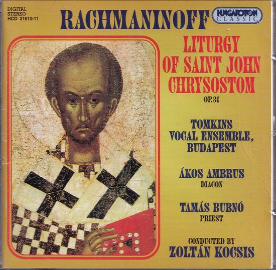 CD-hoes met icoon van Sint Johannes Chrysostomus. Liturgie van Sint Johannes Chrysostomus Op.31 - Sergei Rachmaninoff. Tomkins Vocal Ensemble, Budapest. Zoltán Kocsis.