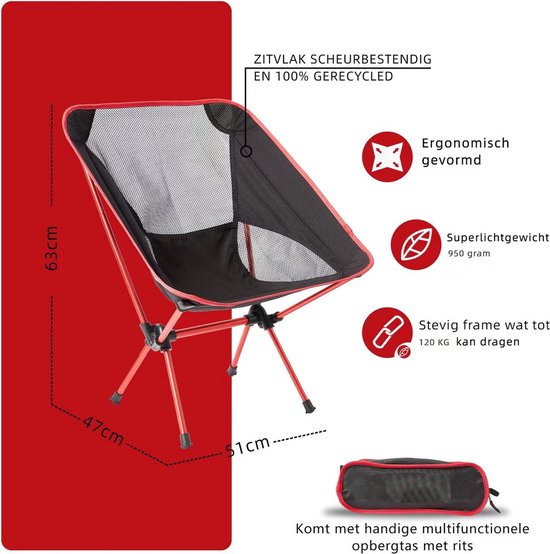 Campingstoel – Campingstoel opvouwbaar – Visstoel – Vouwstoel – Strandstoel – Inklapbaar – Lichtgewicht – Outdoor Stoel – 890 gram - Rood