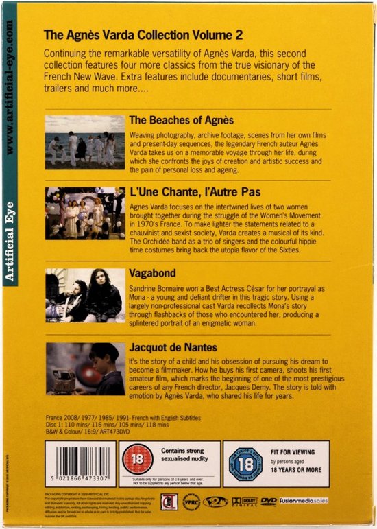 Achterkant van gele dvd-hoes met informatie over de 'Agnes Varda Collection Volume 2' en filmfragmenten.