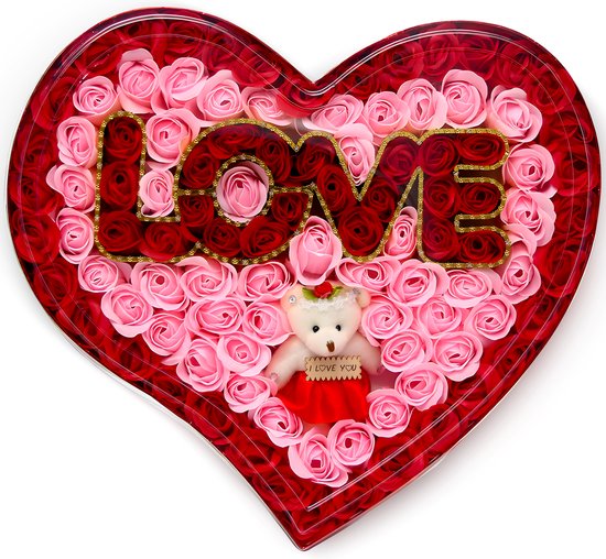 JT Products Kunstrozen Hartvormig - Moederdag Cadeau - Valentijnsdag Cadeau - Inclusief Knuffel Love You - Voor Haar - Valentijnsdag kadootjes - Voor Vrouw - Moederdag - Valentijn Cadeautje Voor Haar