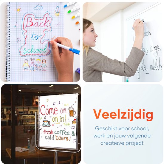 Collage: Kinderen die tekenen, vrouw op whiteboard, koffie menu, veelzijdig gebruik.