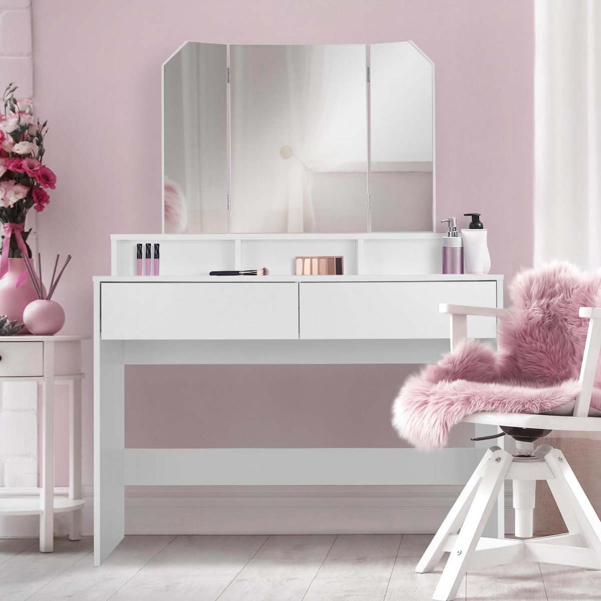 Kaptafel met verlichte spiegel, make-up kaptafel met 3 kleuren