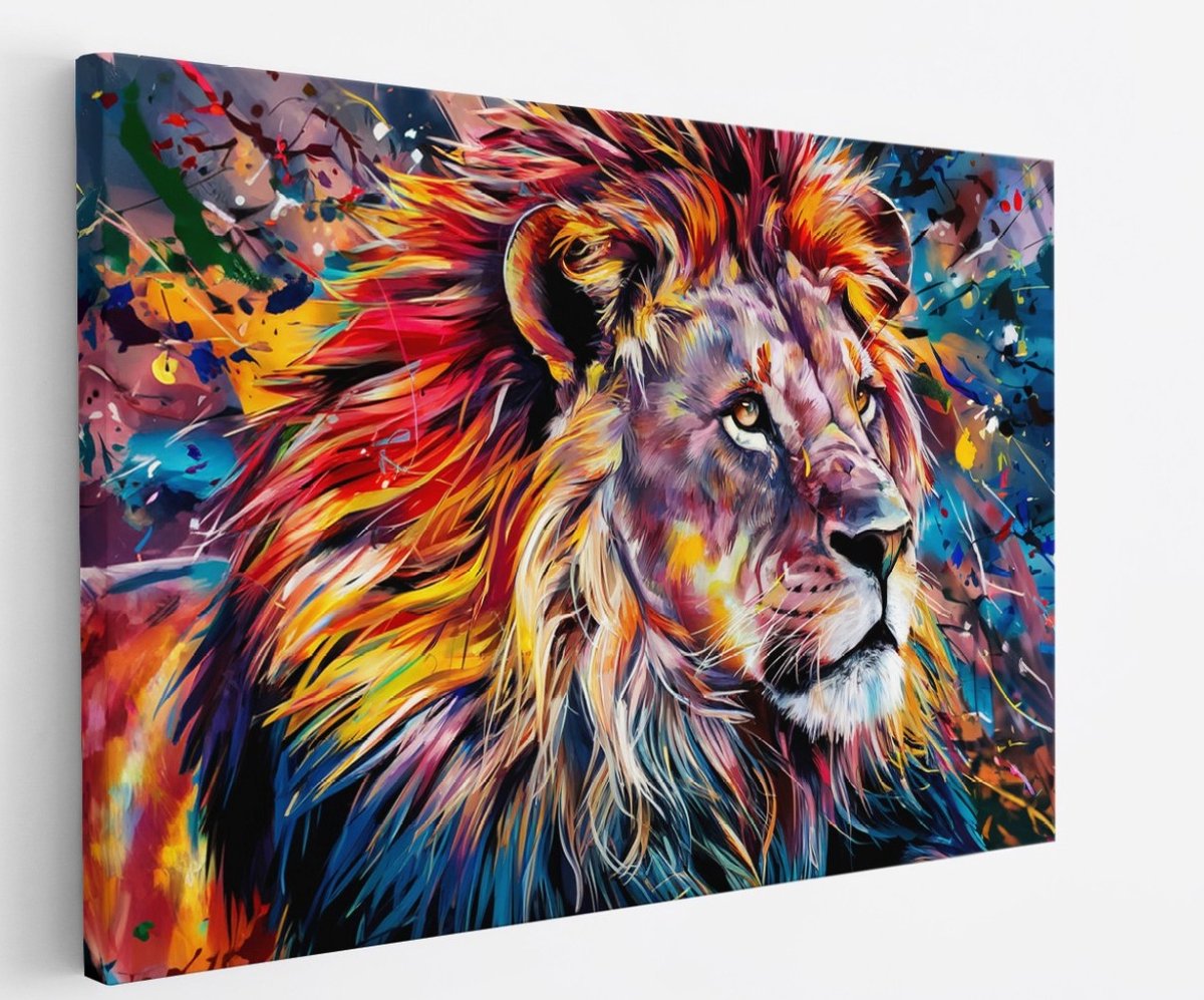 Saammp Canvas Schilderij - Abstracte Leeuw - Kleurrijk - Dieren - Natuur - Portret - 50x40 - Foto op canvas - Wanddecoratie - Muurdecoratie Woonkamer - Slaapkamer decoratie - Canvas Print Multicolor